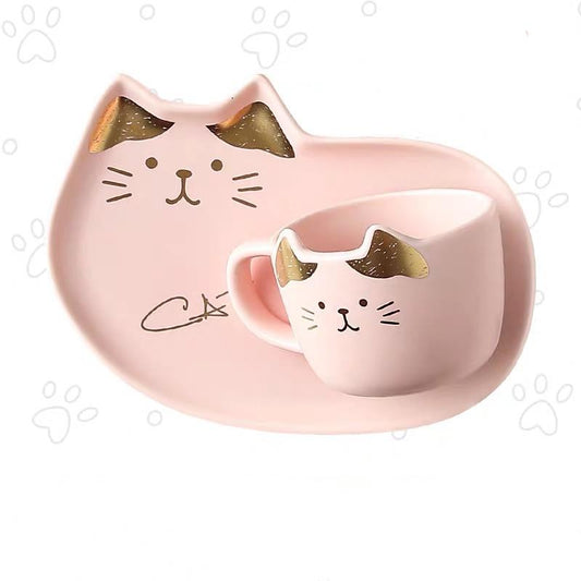 Ceramic Coffee Cup with Saucer Spoon Cartoon Cat Teacup Breakfast Milk Mug Bread Dessert Dish Gift