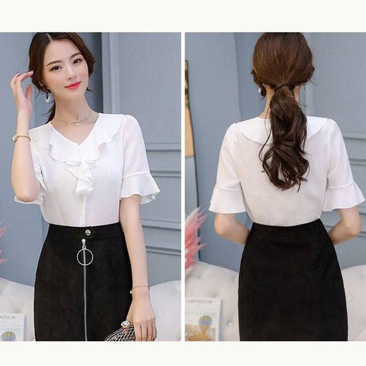 Chiffon Shirt Women's Short-sleeved V-neck Slim Slimming Casual Large Size Trumpet Sleeve Top Chiffon Temperament Shirt Easy To Wear Shirt