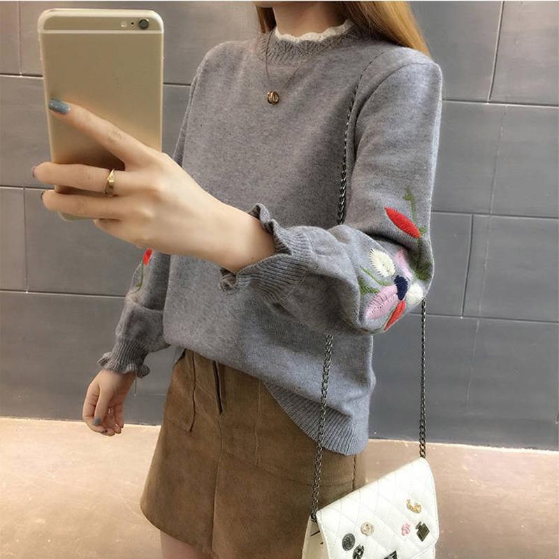 Women Flower Long Sleeve Half Turtleneck Short Pullover Sweater Office Thin Bottoming Shirt