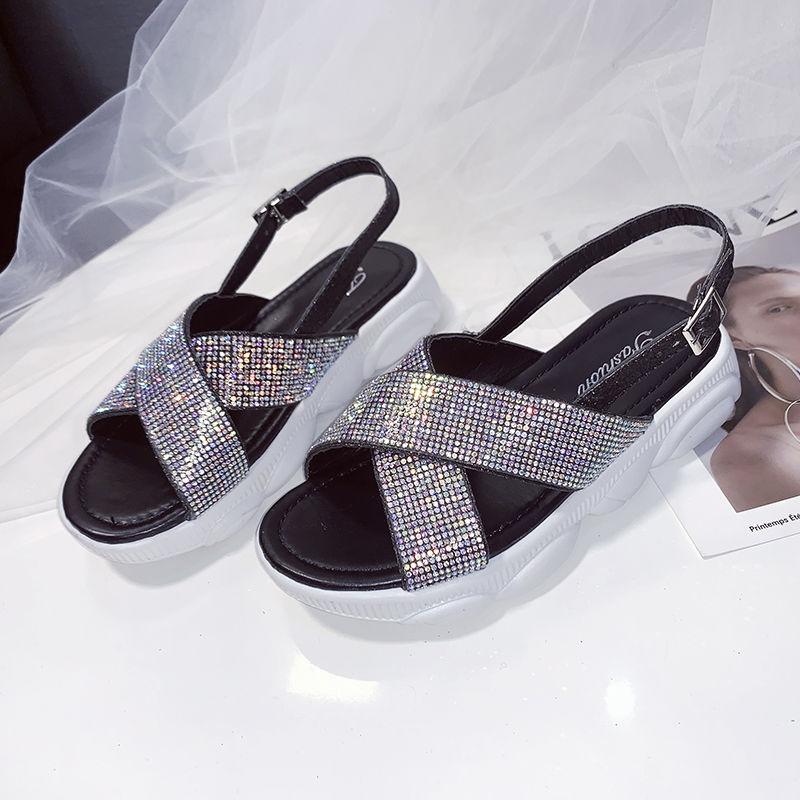 2021 Summer New Sandals Women All-match Casual Soft-soled Flat-heeled Non-slip Sandals Slippers Rhinestone Surface Women