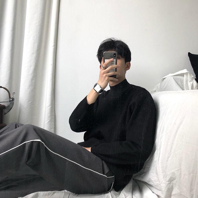 Autumn and Winter Thick Solid Color Knitted Half High Neck Micro Korean Loose Bottoming Sweater Men