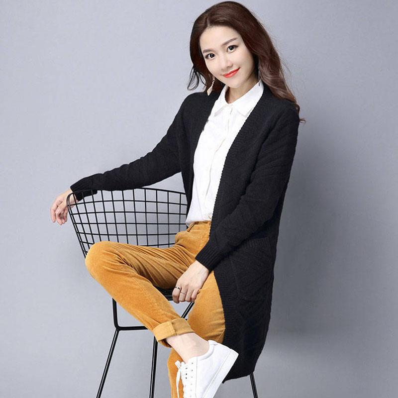 Spring and Autumn Loose Knitted Sweater Cardigan Mid-length Loose Top Pure Color Simple Women's Jacket