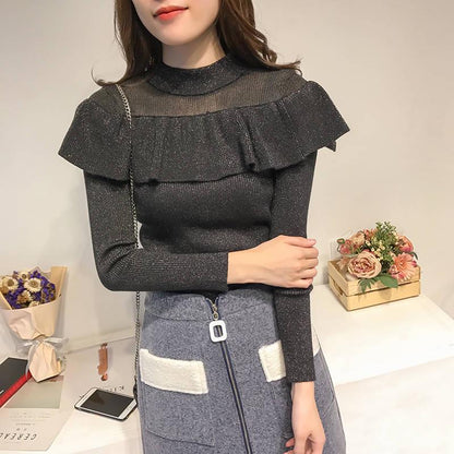 Bright Silk Ruffled Glitter Gold Thread Pullover Long sleeve Knitted Bottoming Sweater