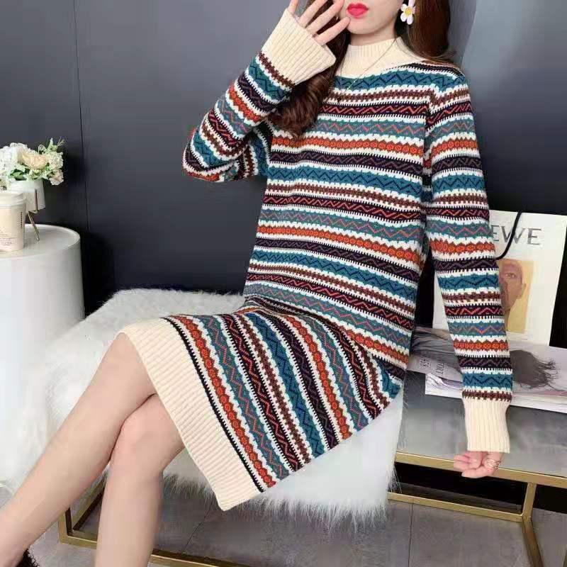 Mid-length Retro Ethnic Striped Over-the-knee Sweater Dress Female Net Red Loose Long-sleeved Hooded Pullover Knitted Jacket