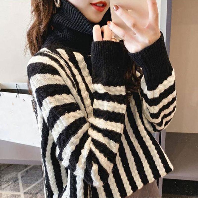 Thick High Neck Vertical Striped Sweater Women's Pullover Fall Winter Loose Casual Fashion Jacket Women