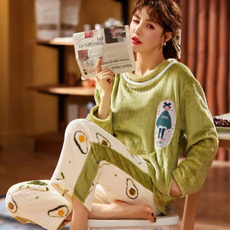 Women's Pajamas Set Winter Pyjamas Suit Thick Warm Sleepwear Long Sleeve Pullover Nightwear Cute Coral Flannel Casual Loose Home Wear Tops Pants