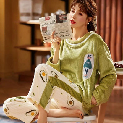 Women's Pajamas Set Winter Pyjamas Suit Thick Warm Sleepwear Long Sleeve Pullover Nightwear Cute Coral Flannel Casual Loose Home Wear Tops Pants