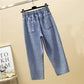 WTEMPO Little Girl Embroidery Women's Jeans Loose Straight Elastic Waist Denim Big Pocket Trousers