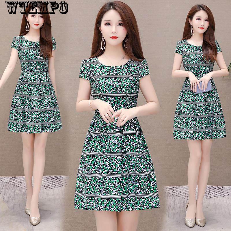WTEMPO Brand Female Summer Long Section Short-sleeved Floral A-line Skirt Fashion Slim Dress
