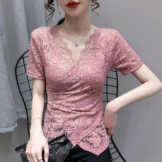 S-4XL Spring Summer Women's Tops Plus Size Solid Color Slim Lace Bottoming Shirts All-match V-neck Short-sleeved Shirts