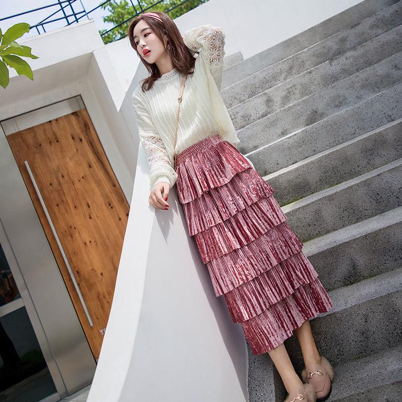 Spring Autumn Pleated Skirt Womens Vintage High Waist Skirt Solid Long Skirts Casual Skirt Female
