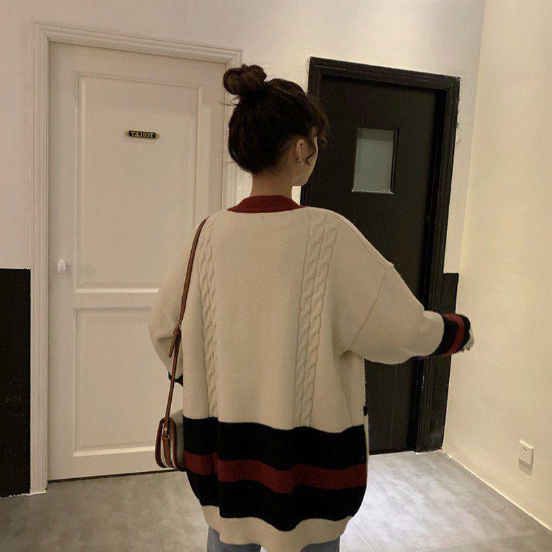 Spring  Autumn Students Loose Casual Fashion Sweater Women's Jacket Knitted Cardigan V-neck Long Sleeves