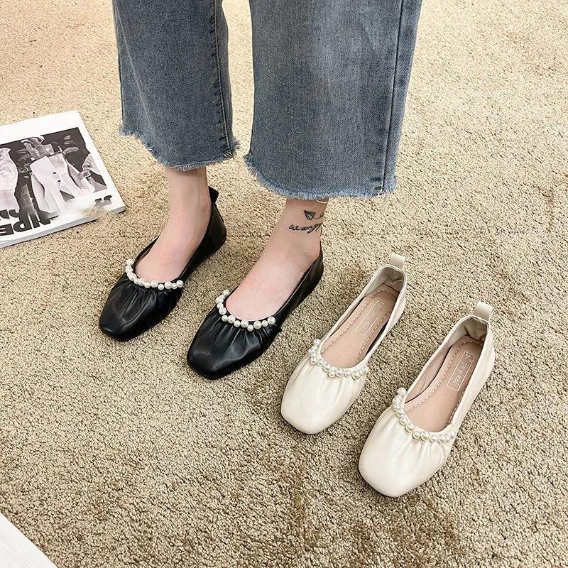 Flat Square Toe Small Single Shoes Women Casual Pearl Scoop Single Shoes Retro French Leather Shoes Soft Leather Comfortable