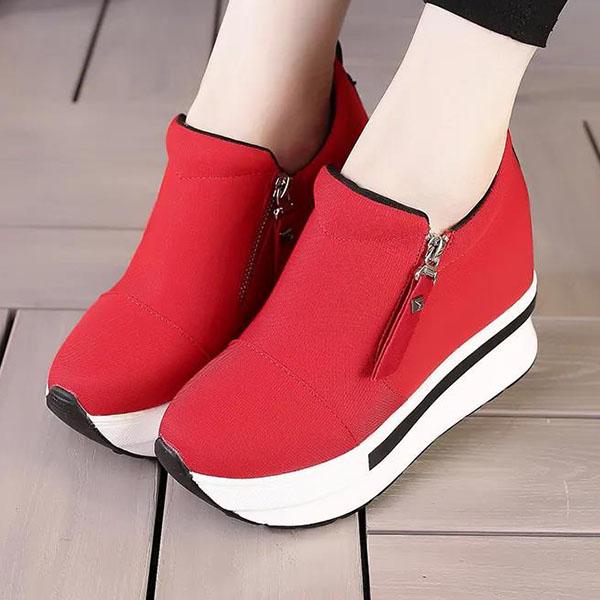 Women's Spring and Autumn High-top Canvas Shoes Inner Heightening Shoes Side Zipper Anti-skid Thick Sole Single Shoes