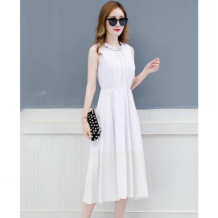Womens Dress Summer Solid Color Pleated Chiffon Sleeveless Elasticated Belted Party Dress Womens