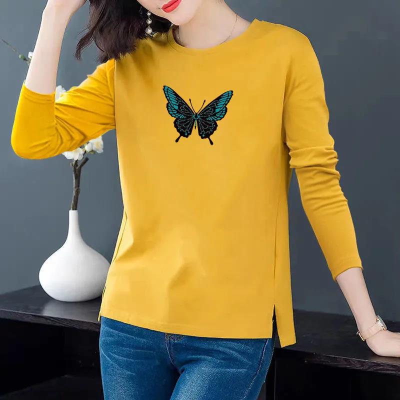 Spring Butterfly Print Shirt Long Sleeve T-Shirt Women Cotton Pullover Casual Split Bottom Shirt