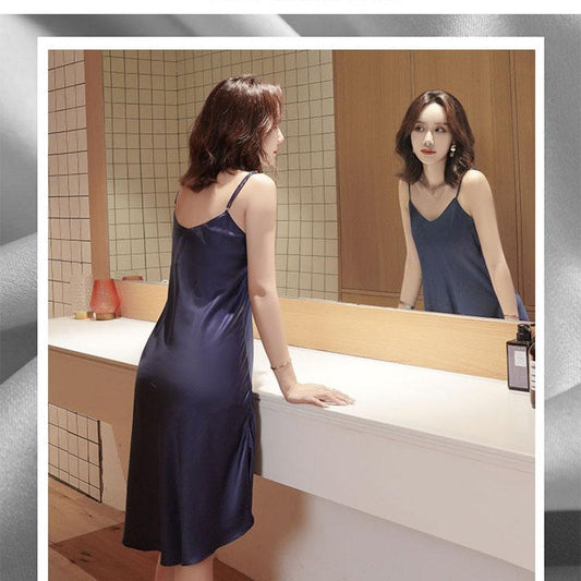 Nightdress Female Summer Ice Silk Imitation Silk Suspenders Long Over-the-knee Skirt Sexy Silk
