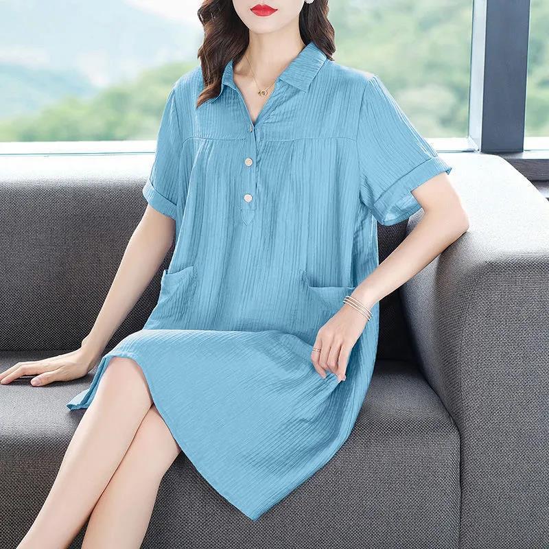 Women T-shirt Dress Loose Turn-down collar Casual Loose Big Pocket Short Sleeve Buttons Dress
