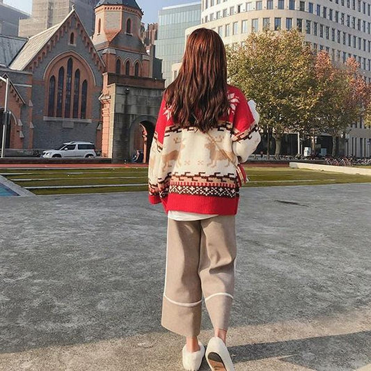 Christmas Turtleneck Sweater Women Padded Pullover Loose Top Long Sleeve Splicing Color Warm Coat
