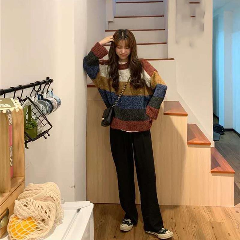 Women's Autumn  Winter Long-sleeved Hedging Striped Color-blocking Sweater All-match Casual Fashion Sweater