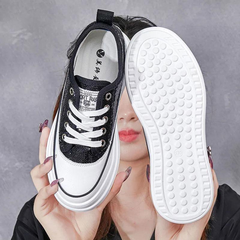 Women's Platform Shoes Sequined Shoes Leather Breathable Inner Increase White Shoes Casual Shoes Female Students' Thick-soled Shoes