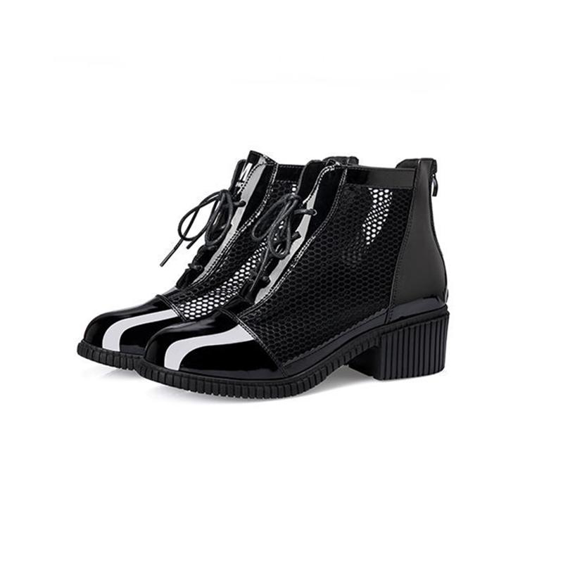 Ladies Mesh Breathable Cool Boots Spring and Autumn Middle Heel Lace Back Zipper Hollow Single Boots Thick Heel Martin Boots Women
