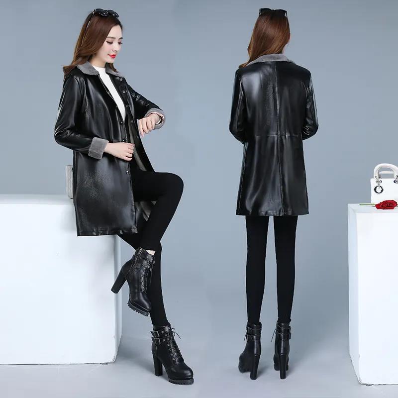 Winter Women's Leather Jacket Fashion Loose Mid-length Leather Jacket Plus Cotton Thick PU Leather Large Size Leather Jacket