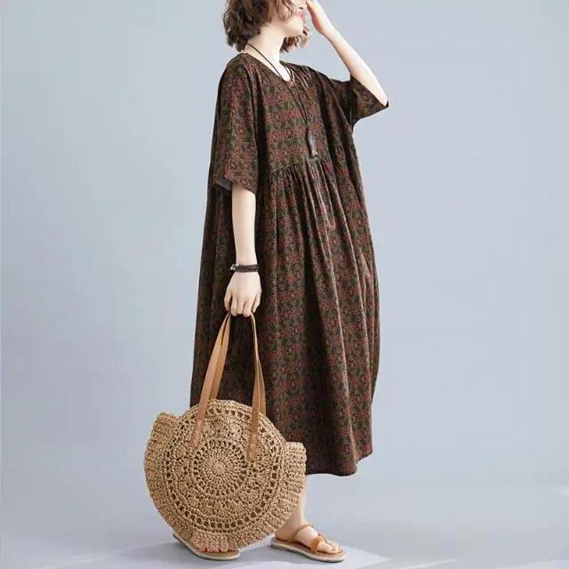 WTEMPO Plus Size Ladies Dress Summer 1/2 Sleeve Round Neck Casual Mid-calf Length