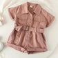 Girls' Denim One-piece Suit Summer Children's Work Clothes One-piece Pants Single breasted Belt Button Korean Style Casual Set