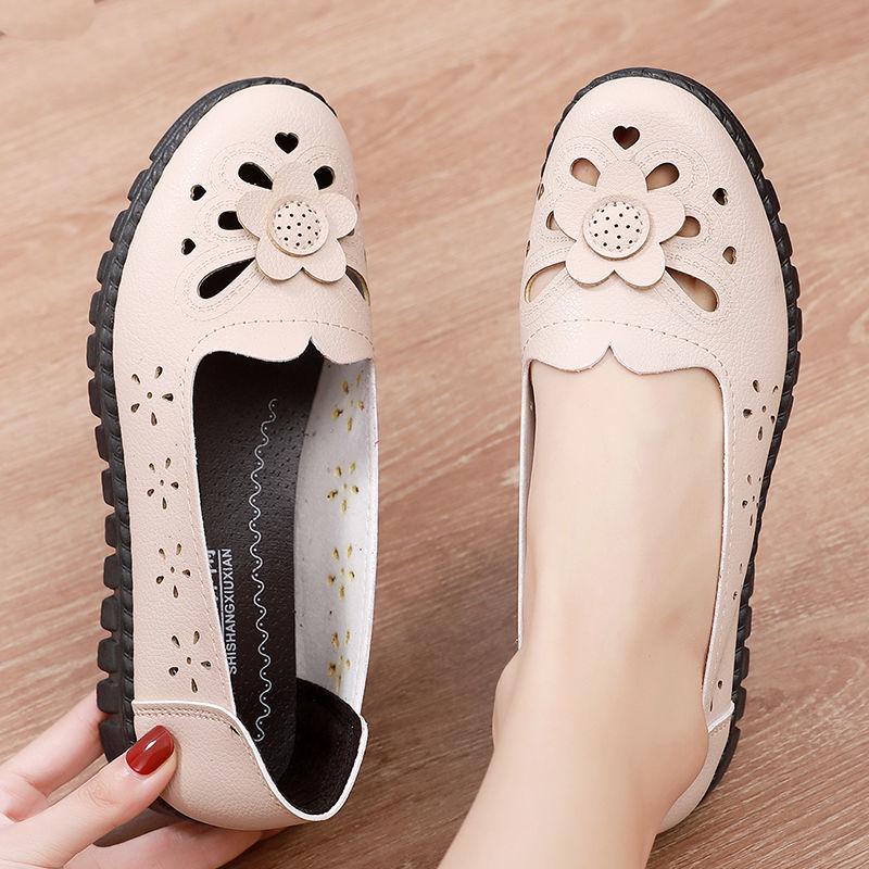 Summer Women's Fashion Hollow Leather Casual Flat Shoes Soft Bottom Beach Hollow Casual Hole Shoes