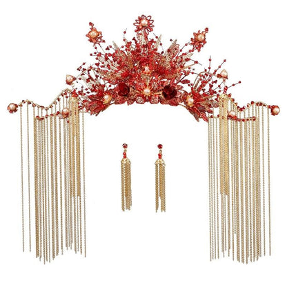 Bride Headdress Chinese Style Phoenix Coronet Costume Wedding Xiuhe Headdress Hair Accessories Red Wedding Hairpin Earrings
