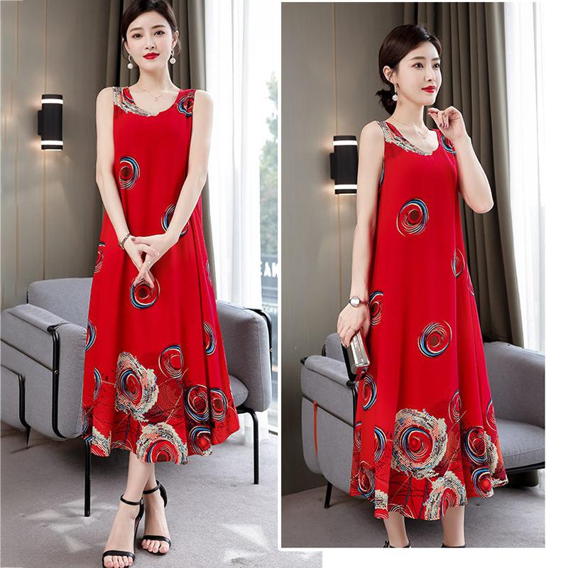 Large Size XL-XXXXXL Women Summer Cotton Silk Dress Sleeveless Vest Skirt Loose Printing Home Night Skirt Beach Skirt