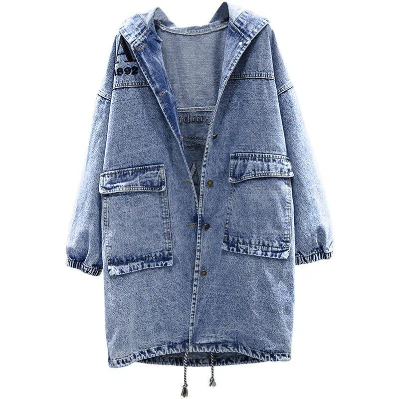 Loose Hooded Casual Embroidered Trench Coat Denim Jacket Korean Version Plus Size Women's Spring and Autumn Tops
