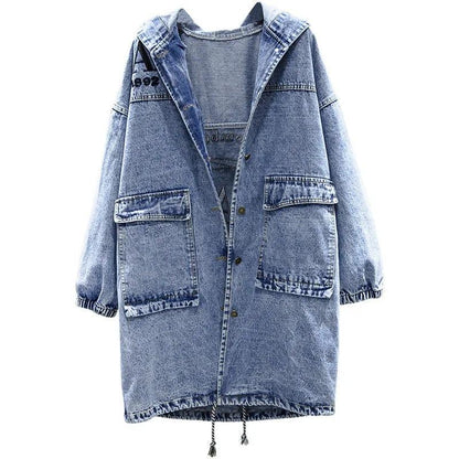 Loose Hooded Casual Embroidered Trench Coat Denim Jacket Korean Version Plus Size Women's Spring and Autumn Tops