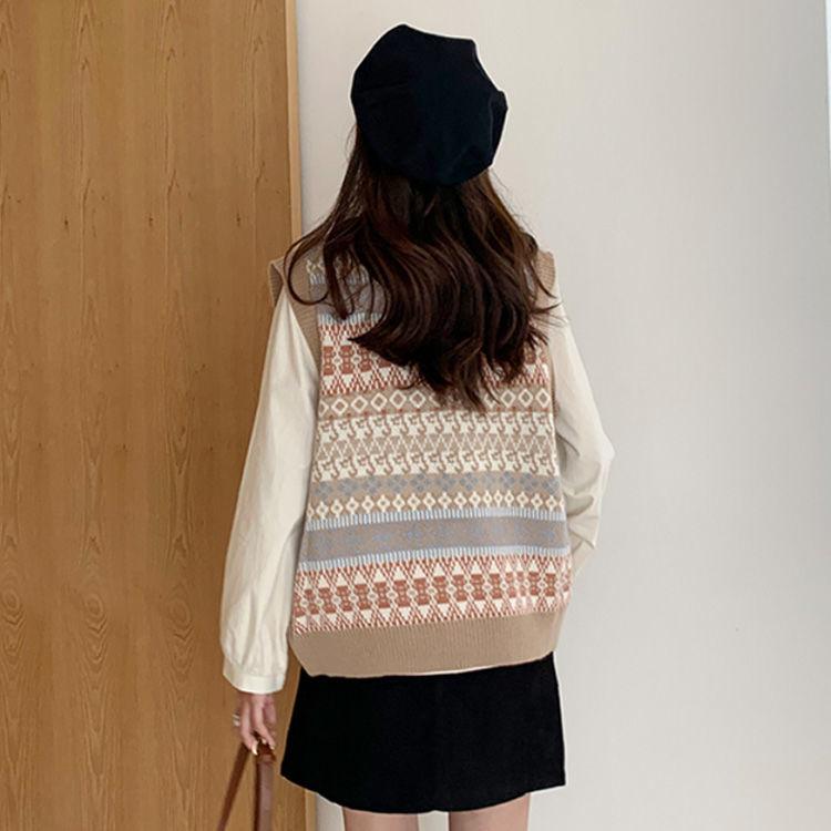 Autumn Loose Knitwear Women Students All-match V-neck Hit Color Top Sleeveless Outer Sweater Fashion Casual Vest Jacket