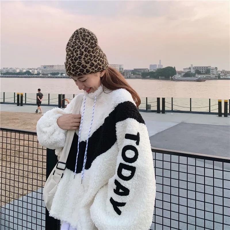 Lamb Wool Stand-up Collar Jacket Female BF Color Matching Loose Cardigan Zipper Plus Velvet Thick Warm Jacket Ladies Casual Warm Jacket
