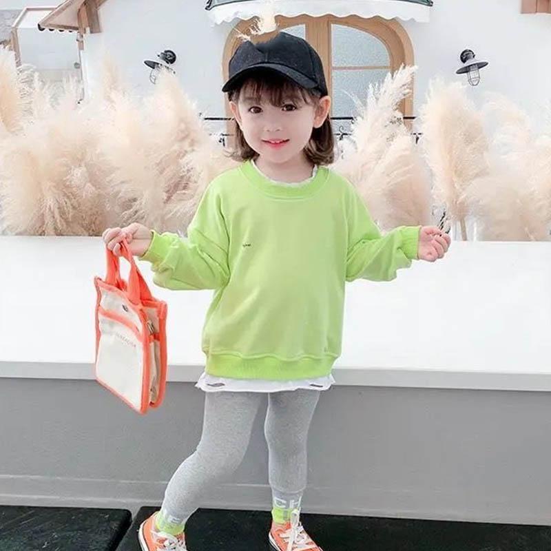 Girls Long Sleeve Trousers Spring and Autumn Suit Pullover Hem Hole Design Top + Slim Stretch Comfortable Trousers Children's Sportswear Two-piece Set