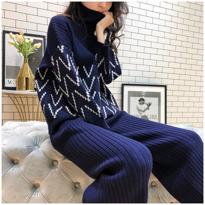 2pcs/set  Winter Tracksuit 2 Piece Pant Suits for Women Knitted Long Sleeve Two Piece Set Knit Top and Pants Women Outwear Outfits