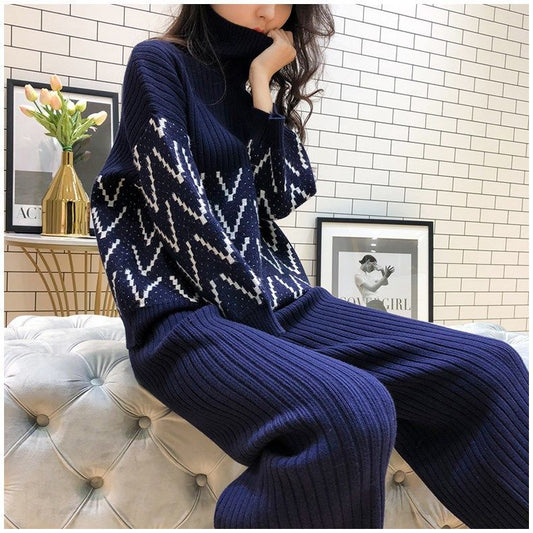 2pcs/set  Winter Tracksuit 2 Piece Pant Suits for Women Knitted Long Sleeve Two Piece Set Knit Top and Pants Women Outwear Outfits
