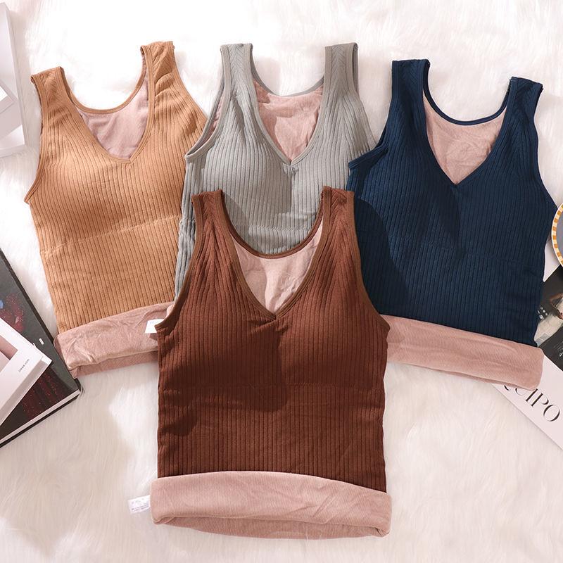 Velvet Women Vest Sexy Winter Clothing Thermal Underwear Warm Body Tops with Pad Sleeveless Slim V Neck Solid Inner Wear