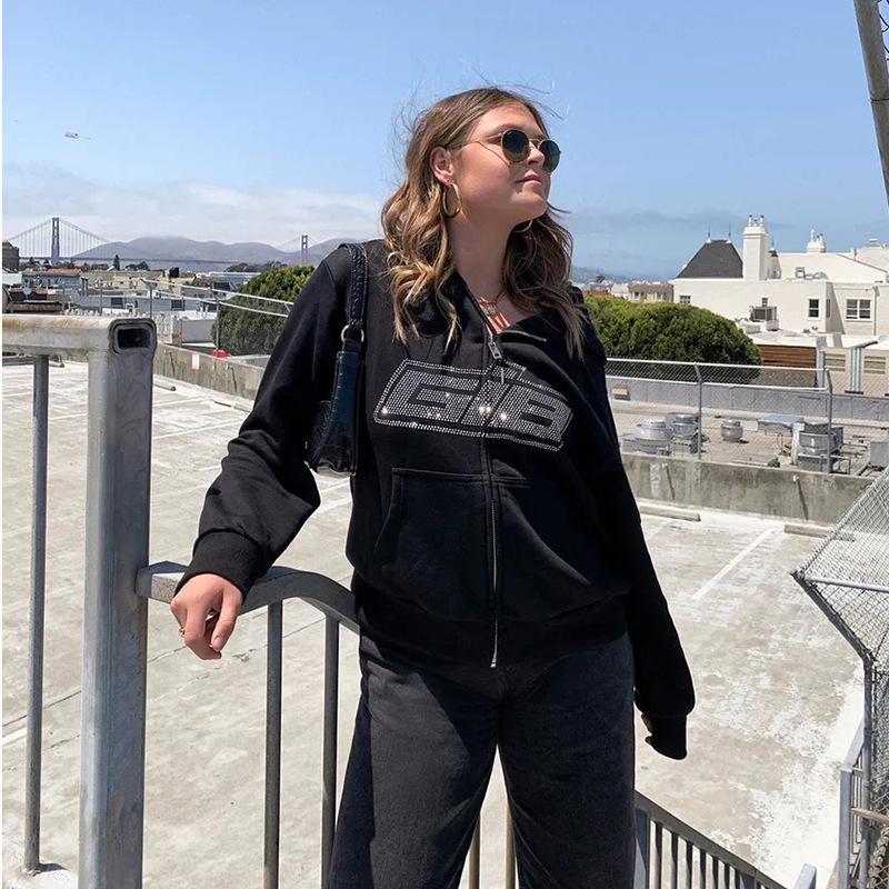Rhinestone Letter Print Women Long Sleeve Sweatshirt Hoodis Zipper Loose Oversized Streetwear Casual 2021 Autumn Winter