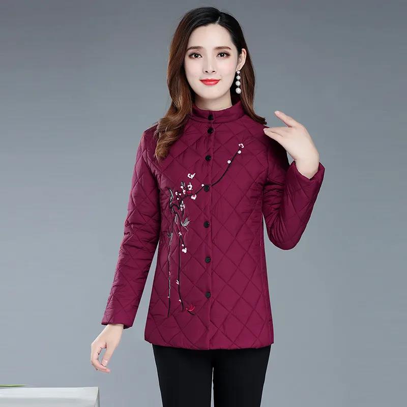 Middle-aged and Elderly Women's Embroidered Plus Cotton Padded Coat, Mother Wear Autumn and Winter Tops, Light Cotton Coat
