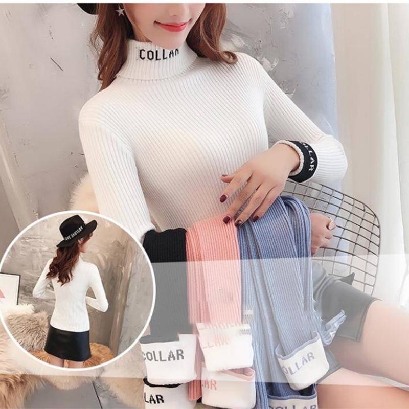 Pofulove Lady Slim Thin Letter Short Long Sleeve Inside Student Turtleneck Sweater Bottoming Sweater
