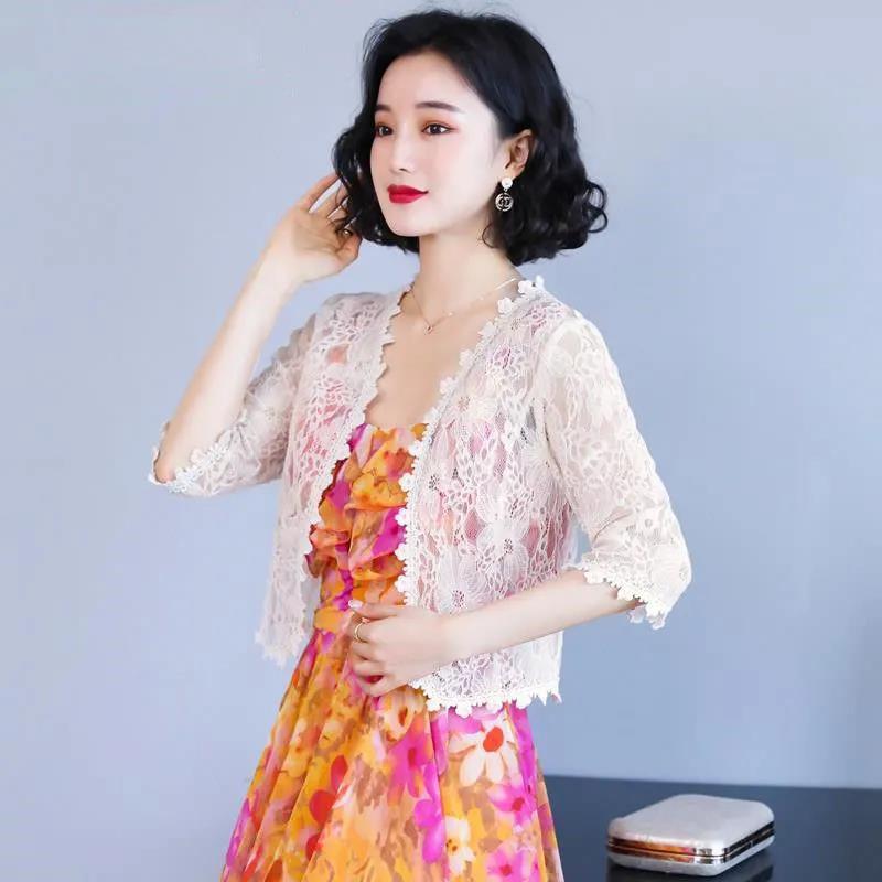 Summer Short Coat Hollow Out Lace Cardigan Women Solid Color Thin Shawl  Sun Protection