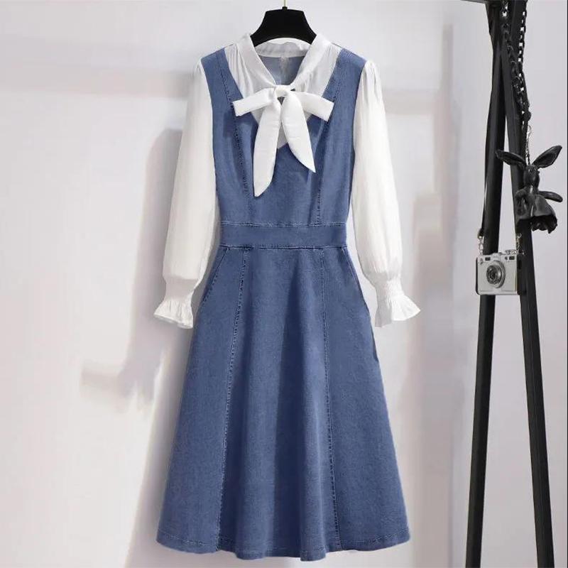 Spring and Autumn Denim Dress Women's Age Reduction Puff Sleeve Dress Party