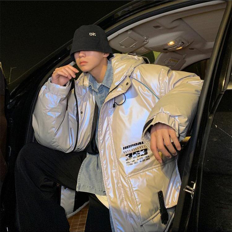Shiny Cotton Jacket Men's Hooded Hong Kong Style Jacket Korean Version of The Trend of All-match Warm Jacket Winter Loose Casual Padded Jacket