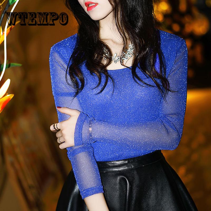 Sexy Women Turtleneck Long Sleeve Mesh Sheer See Through T-shirt Top Slim  Transparent