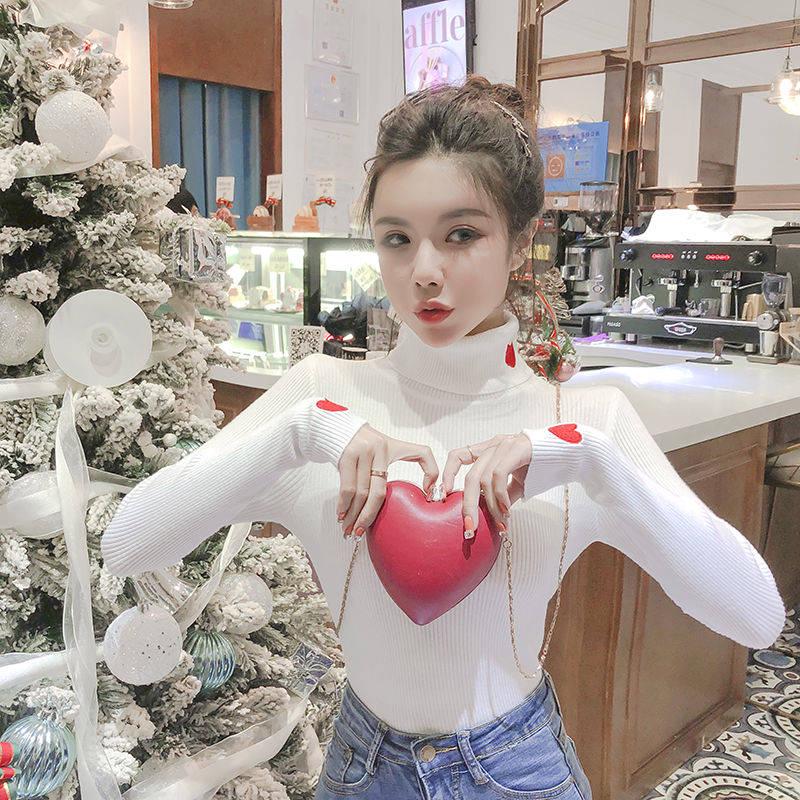 Pofulove Love Turtleneck Sweater Wild Slim Sleeve Dress Skirt Slim Thick Wild Base Warm sweater