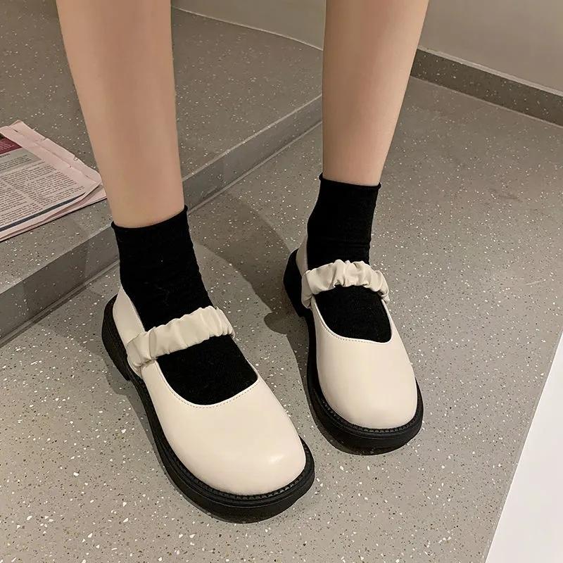 Female British Loafers Summer Small Leather Shoes Retro Medium Heel Comfortable Shoes Cute Low Wedge Lady Shoes with Skirt Lolita Shoes for Girls