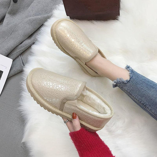 Snow Boots Women's Short Tube Leather To Keep Warm In Winter Plus Velvet All-match Flat-bottomed Waterproof Lazy Cotton Shoes Bread Shoes